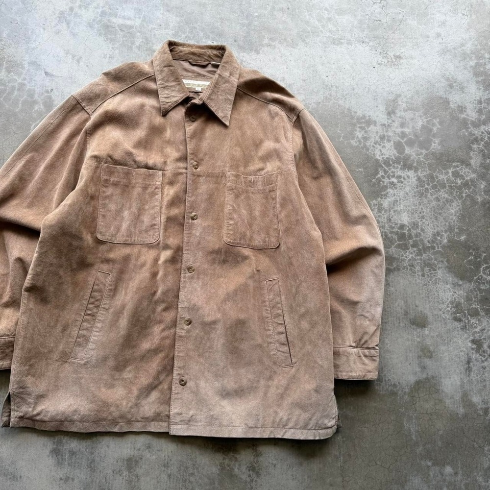 Vintage 90's mocha brown suede leather button up over shirt size XL perry ellis - Picture 2 of 7
